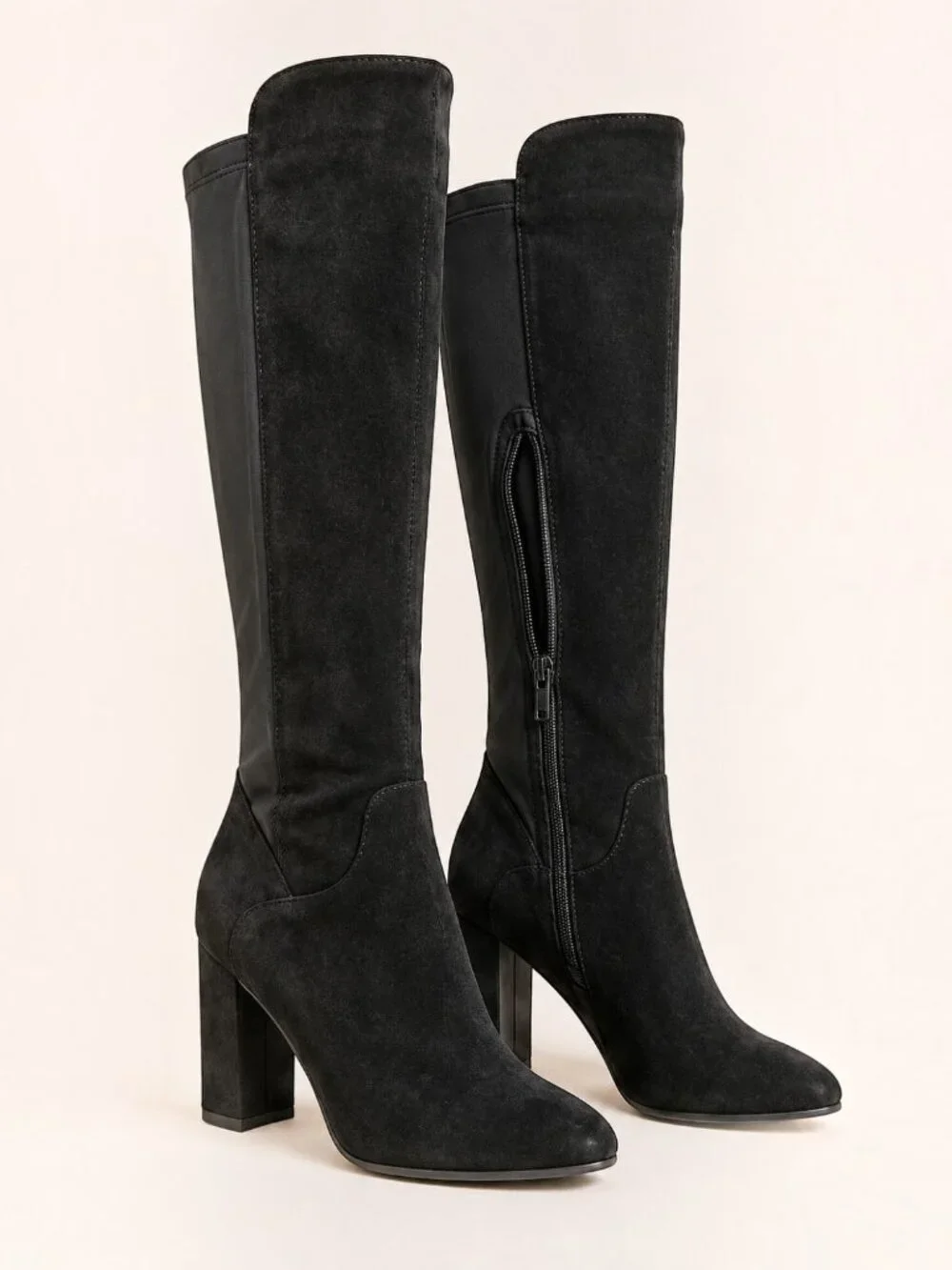 Wild Diva Blake-05 Knee High Foldable Block Heel Elastic Panel Black Boots - Picture 2 of 7